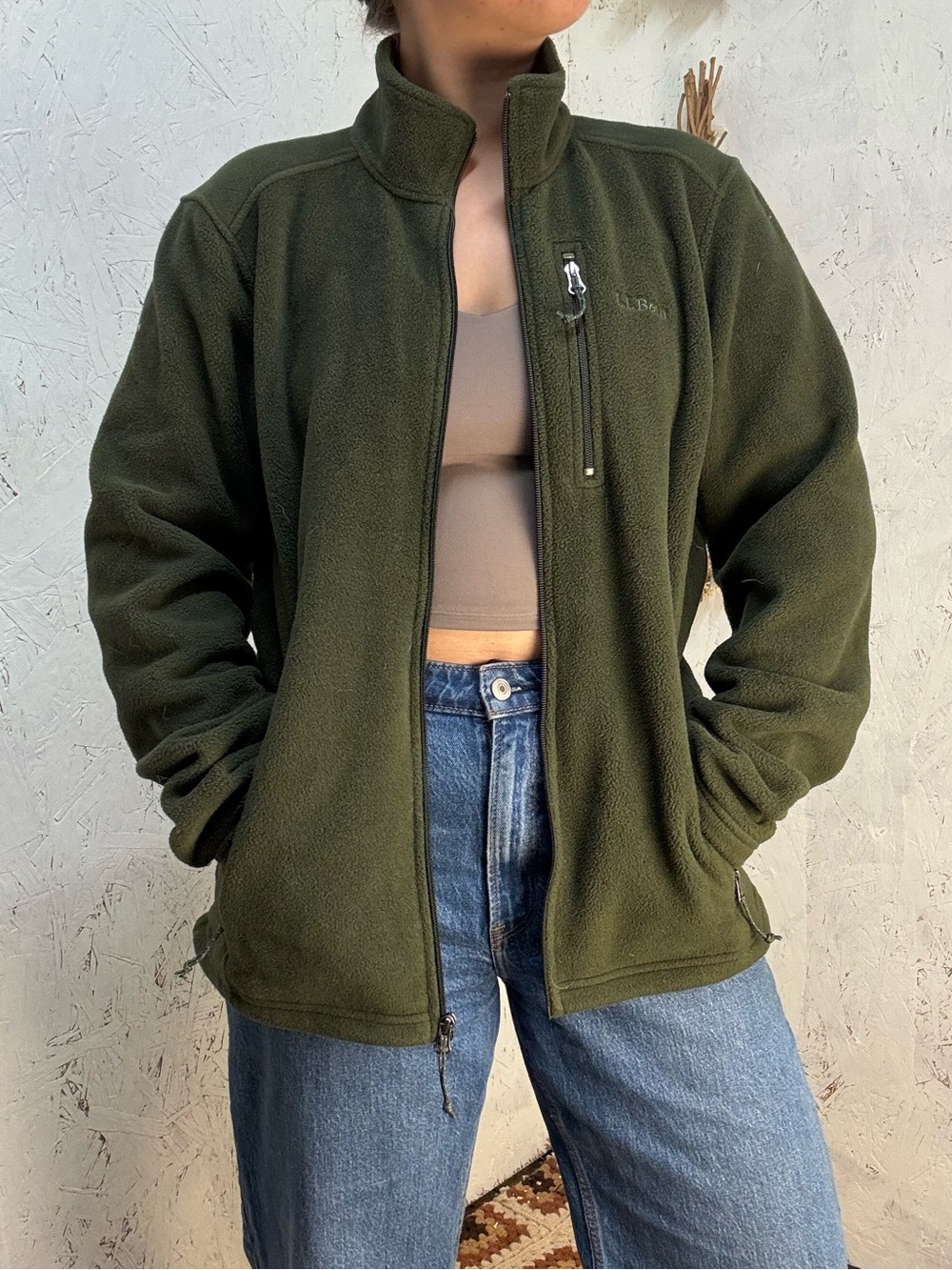 LL Bean Outdoor Hiking Fleece Army Green Mens Zip Up Jacket Size Large